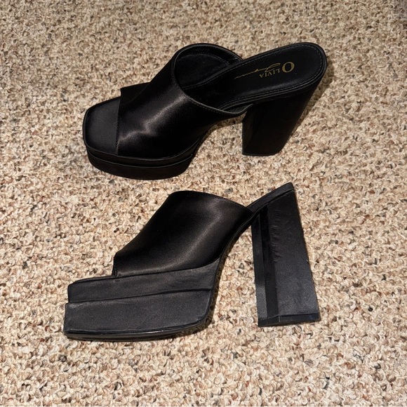 Platform Chunky Satin Black Mules Heels 9 - Picture 8 of 9